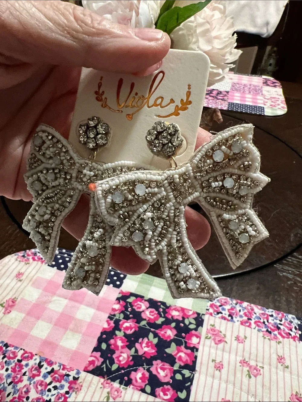 New VIOLA White Beaded Bow Earrings